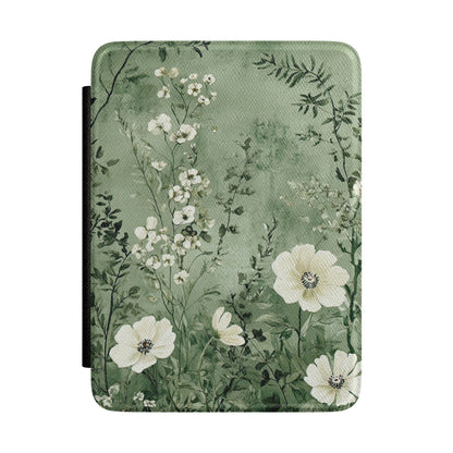 Misty sage green Kindle Paperwhite case with white anemones front cover — Jardin Secret meadow gift