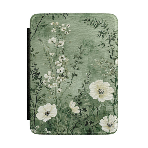 Misty sage green Kindle Paperwhite case with white anemones front cover — Jardin Secret meadow gift