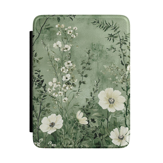 Misty sage green Kindle Paperwhite case with white anemones front cover — Jardin Secret meadow gift