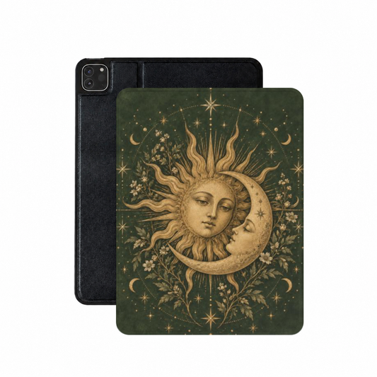 Sage Sun & Moon iPad case — engraved gold sun and crescent moon on sage green, shown front and back