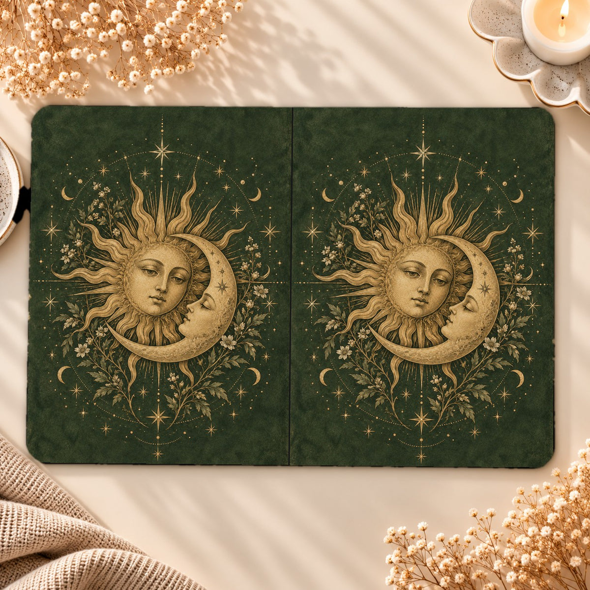 Sage Sun & Moon Kindle case opened flat, front and back — engraved gold sun and crescent moon on sage green