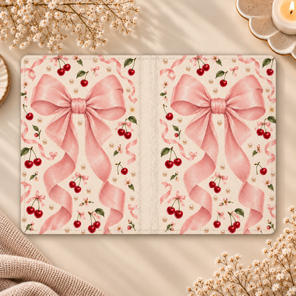 Satin Bow & Cherries Kindle case opened flat, front and back — pink satin bows, cherries, blossoms and pearls on cream