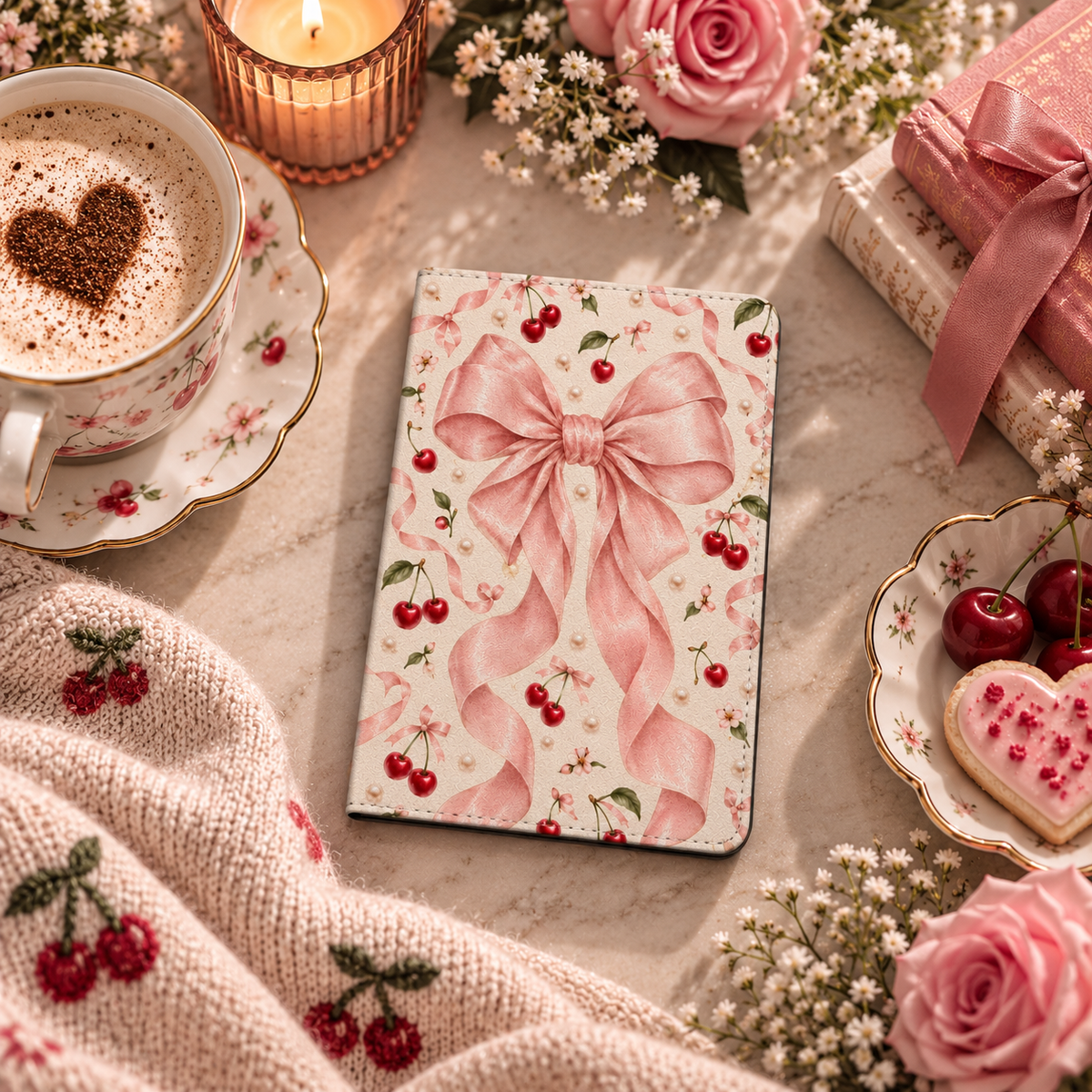 Satin Bow & Cherries Kindle case — pink bow and cherries on cream, styled with a latte, pink roses and a candle