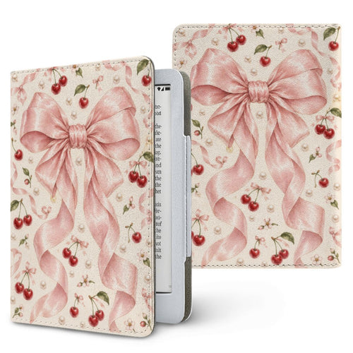 Satin Bow & Cherries Kindle case — big pink satin bow with cherries and pearls on cream, printed front and back