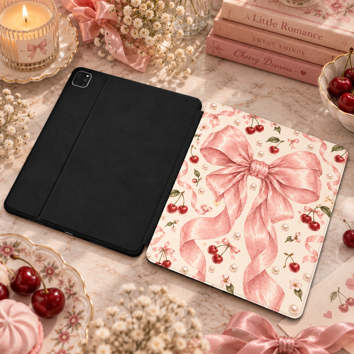 Satin Bow & Cherries iPad case shown front and back — printed front cover, plain black back