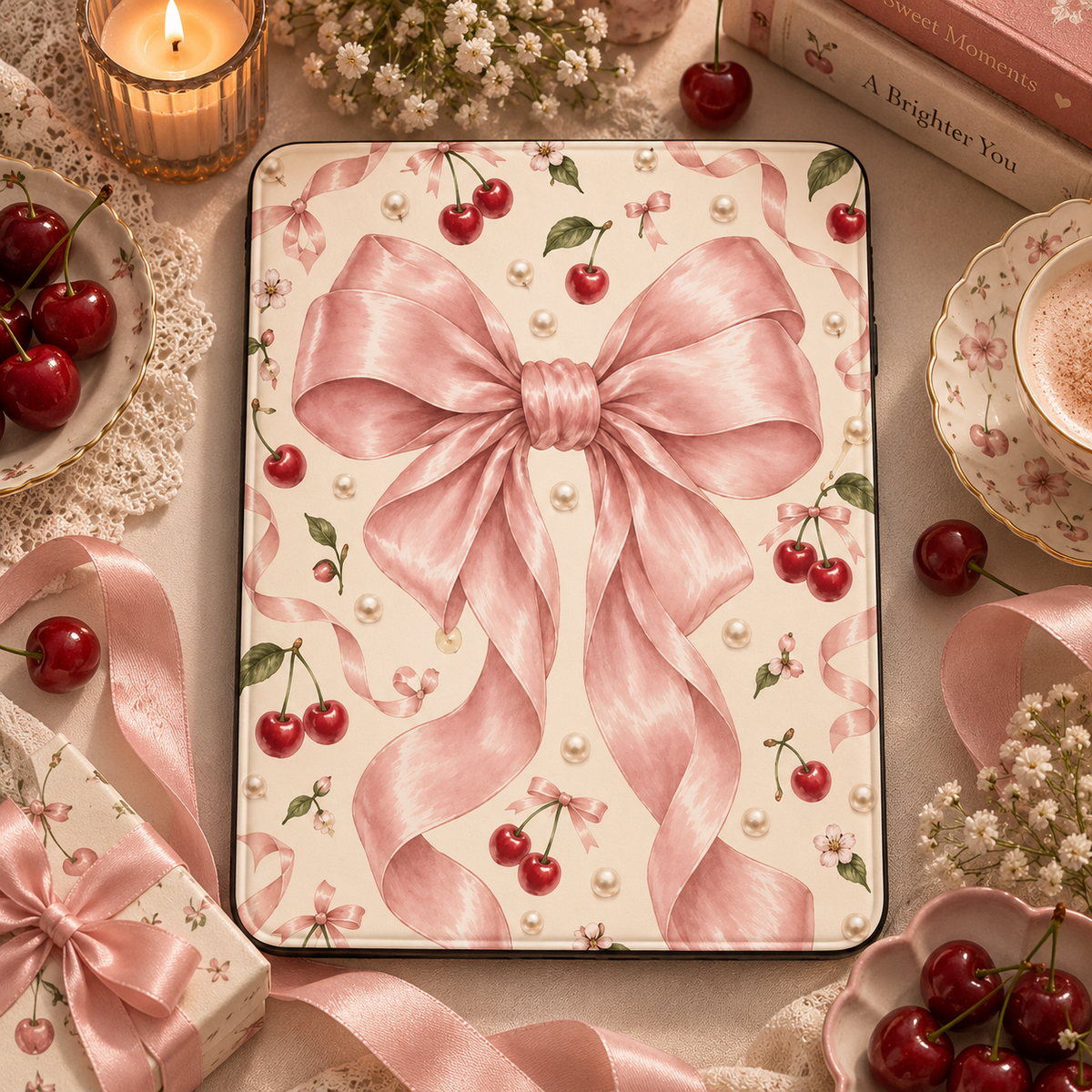 Satin Bow & Cherries iPad case styled with cherries, a candle and pink ribbon