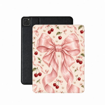 Satin Bow & Cherries iPad case — large pink satin bow with cherries and pearls on cream