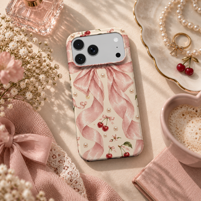 Satin Bow & Cherries phone case – MagSafe iPhone case, lifestyle photo