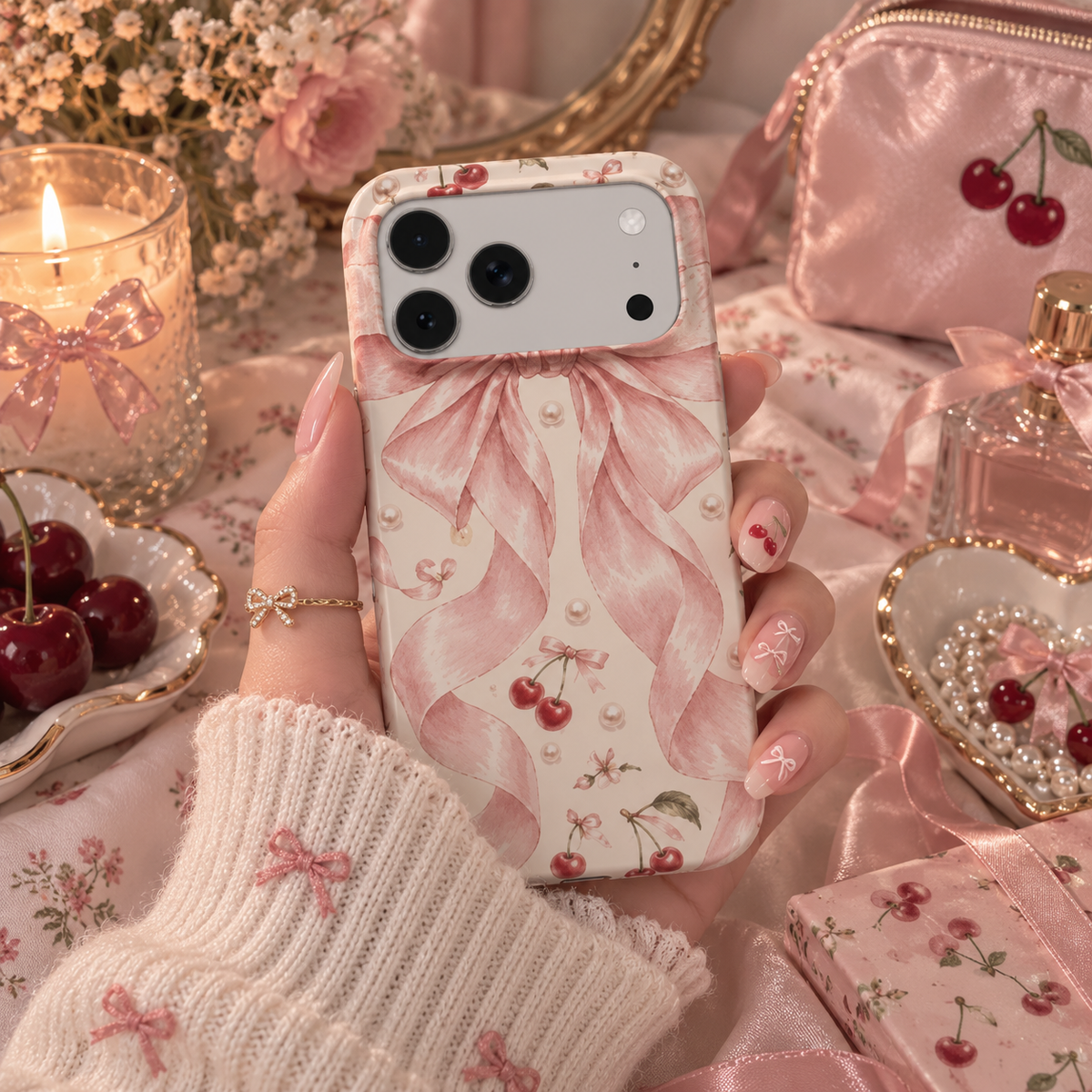 Satin Bow & Cherries phone case – MagSafe iPhone case, styled photo