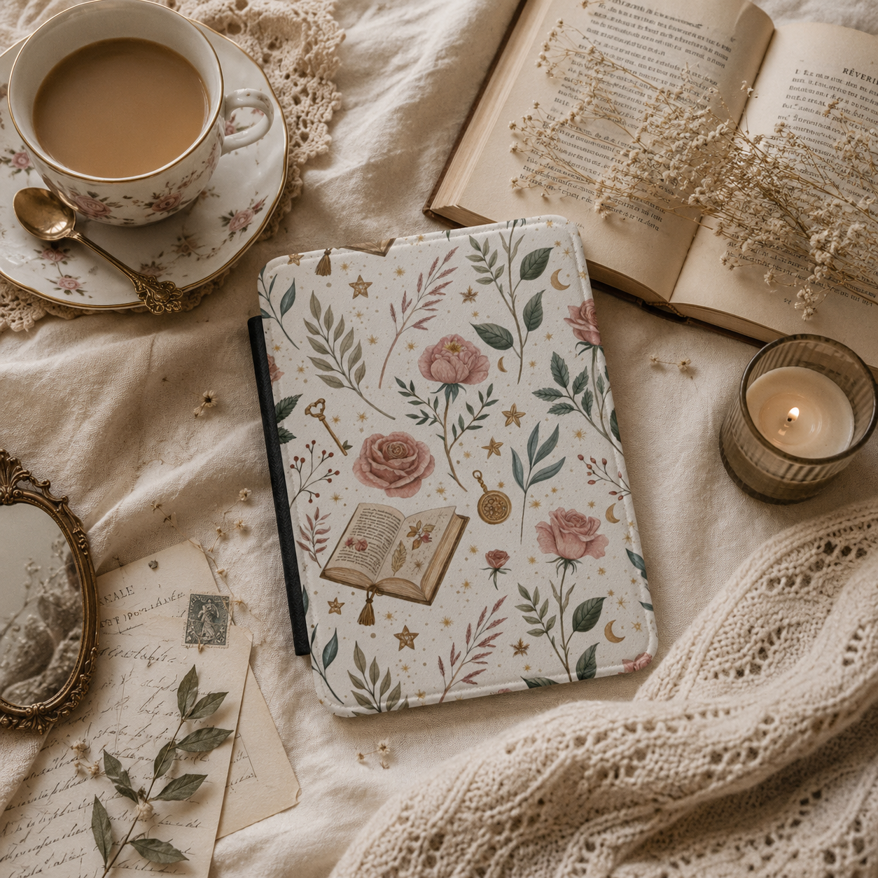 Secret Garden Kindle case open showing e-ink Kindle on right interior panel
