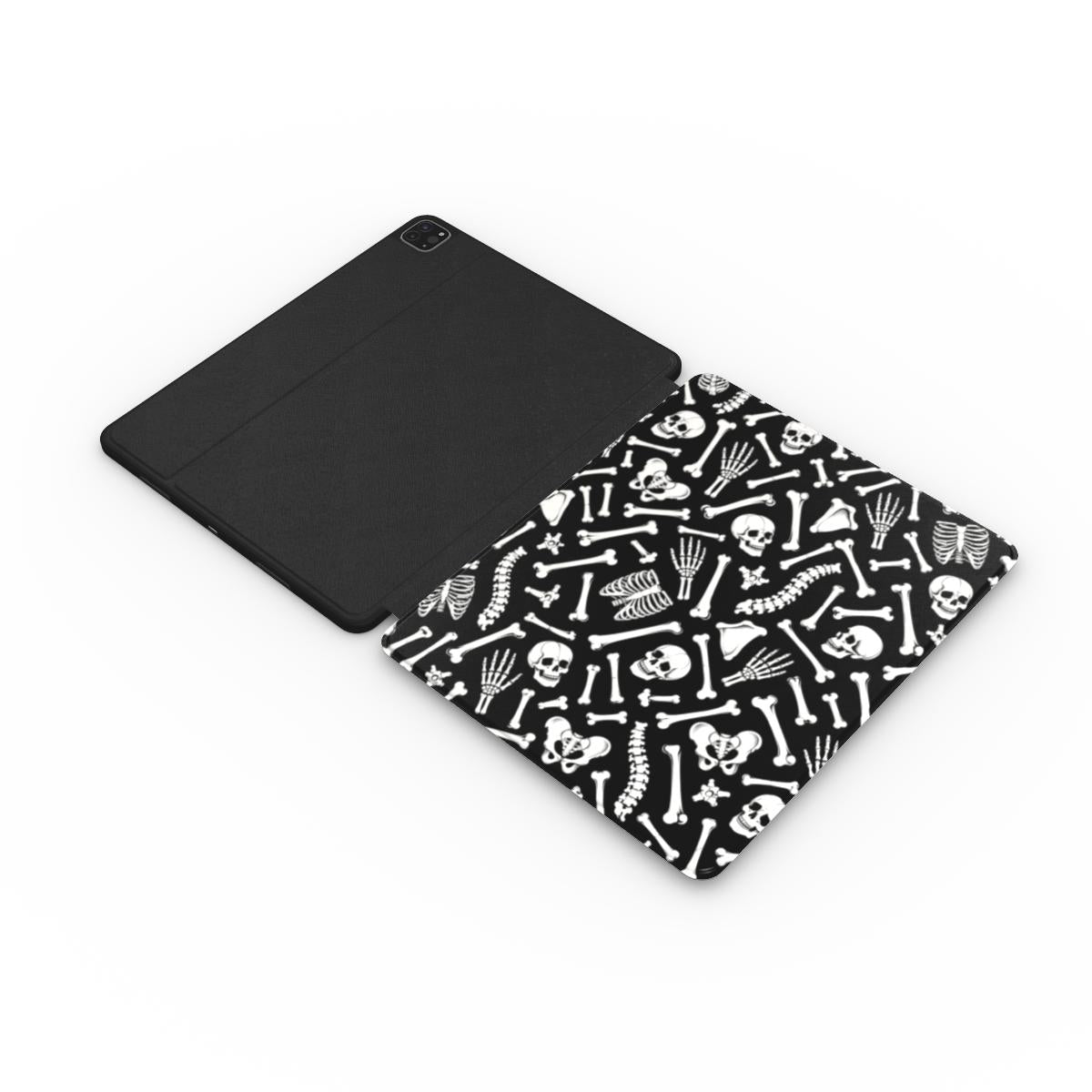 Skeleton bones iPad case in black vegan leather — detail view