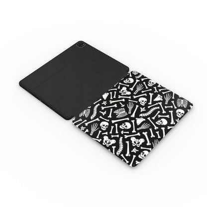Skeleton bones iPad case in black vegan leather — detail view