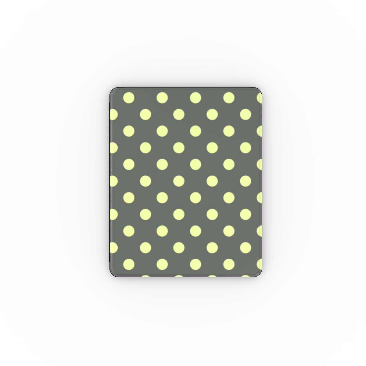 Slate and lemon polka dot iPad case open, showing the stand fold and interior
