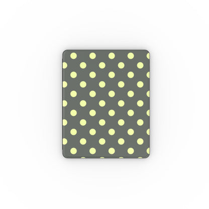 Slate and lemon polka dot iPad case open, showing the stand fold and interior