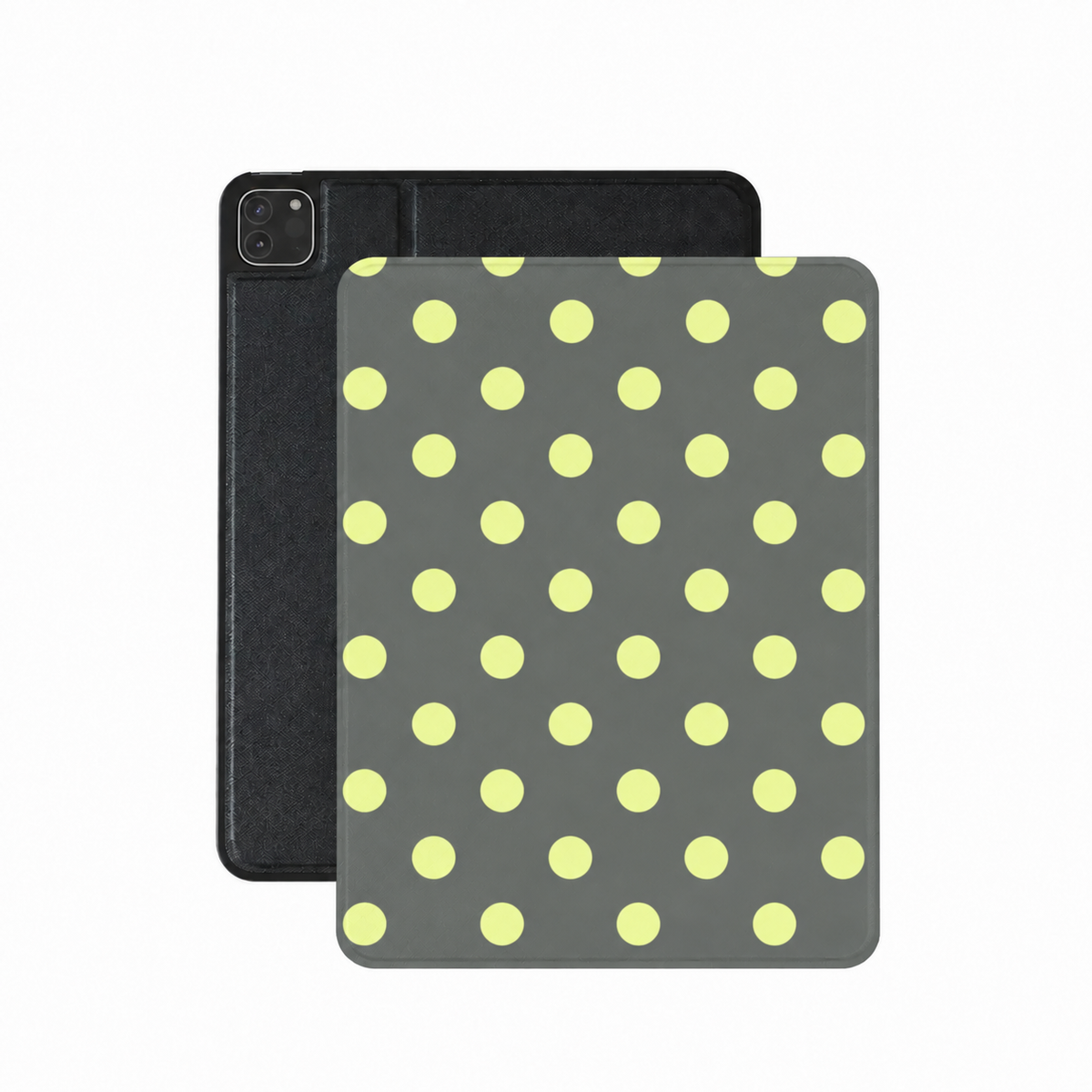 Slate and lemon polka dot iPad case in grey vegan Saffiano leather — pale yellow spots on slate