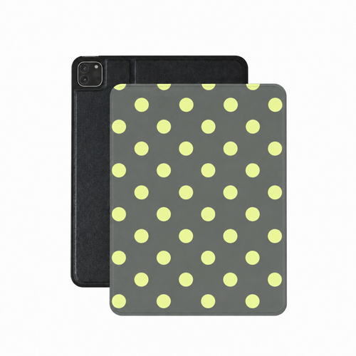 Slate and lemon polka dot iPad case in grey vegan Saffiano leather — pale yellow spots on slate