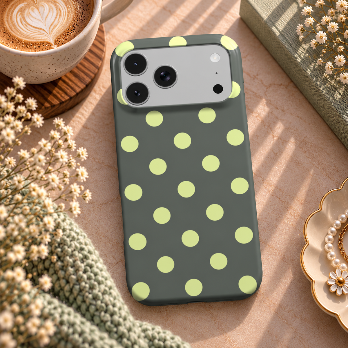 Slate & Lemon Polka Dot phone case – MagSafe iPhone case, lifestyle photo