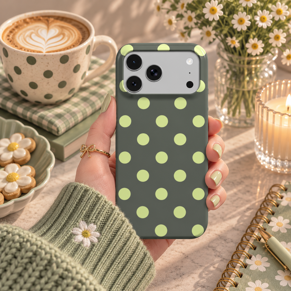 Slate & Lemon Polka Dot phone case – MagSafe iPhone case, styled photo