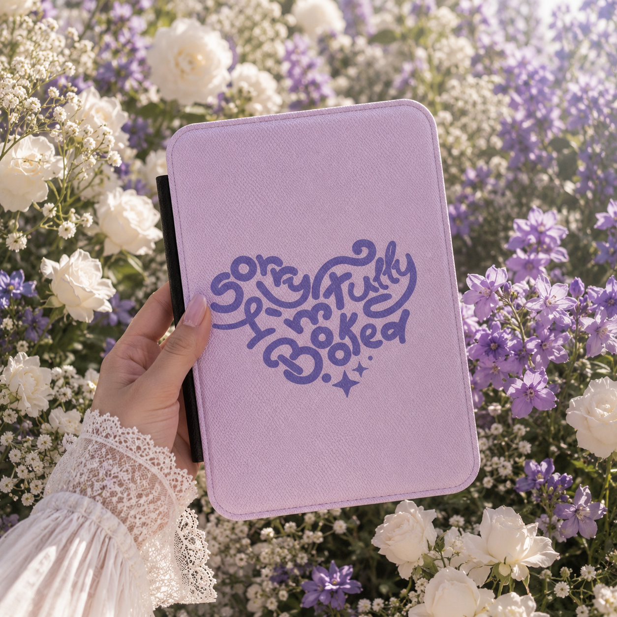 Sorry I'm Fully Booked Kindle case shown at an angle
