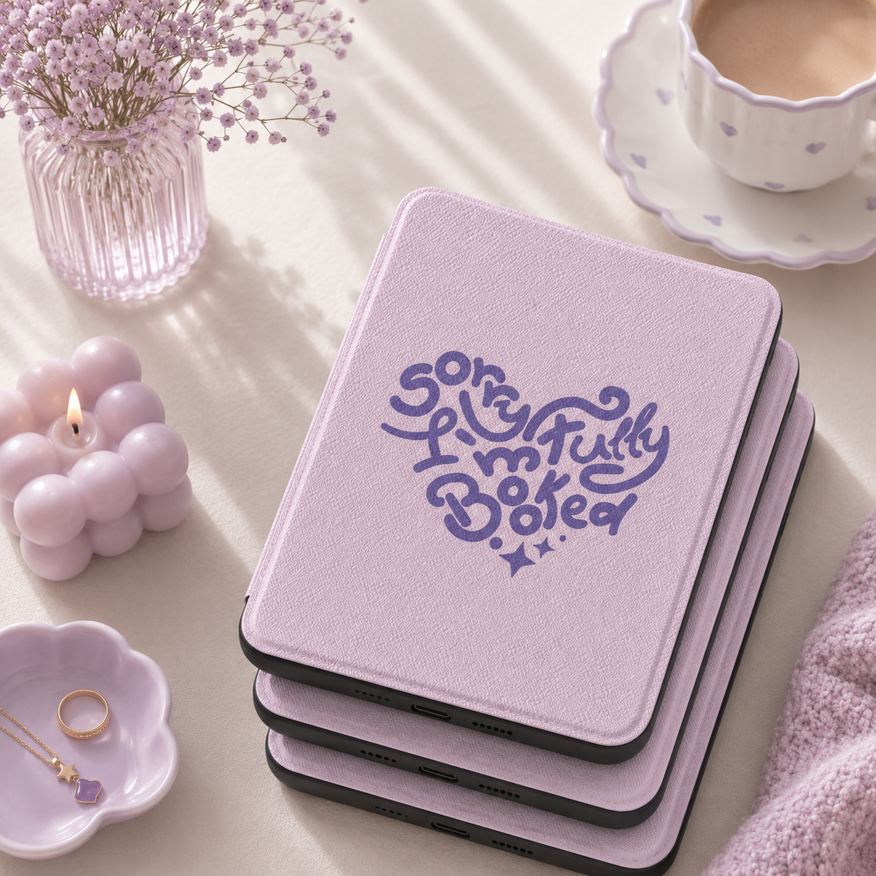 Close-up of Sorry I'm Fully Booked Saffiano Kindle case