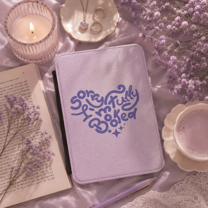 Sorry I'm Fully Booked Kindle case open showing e-ink Kindle on right interior panel