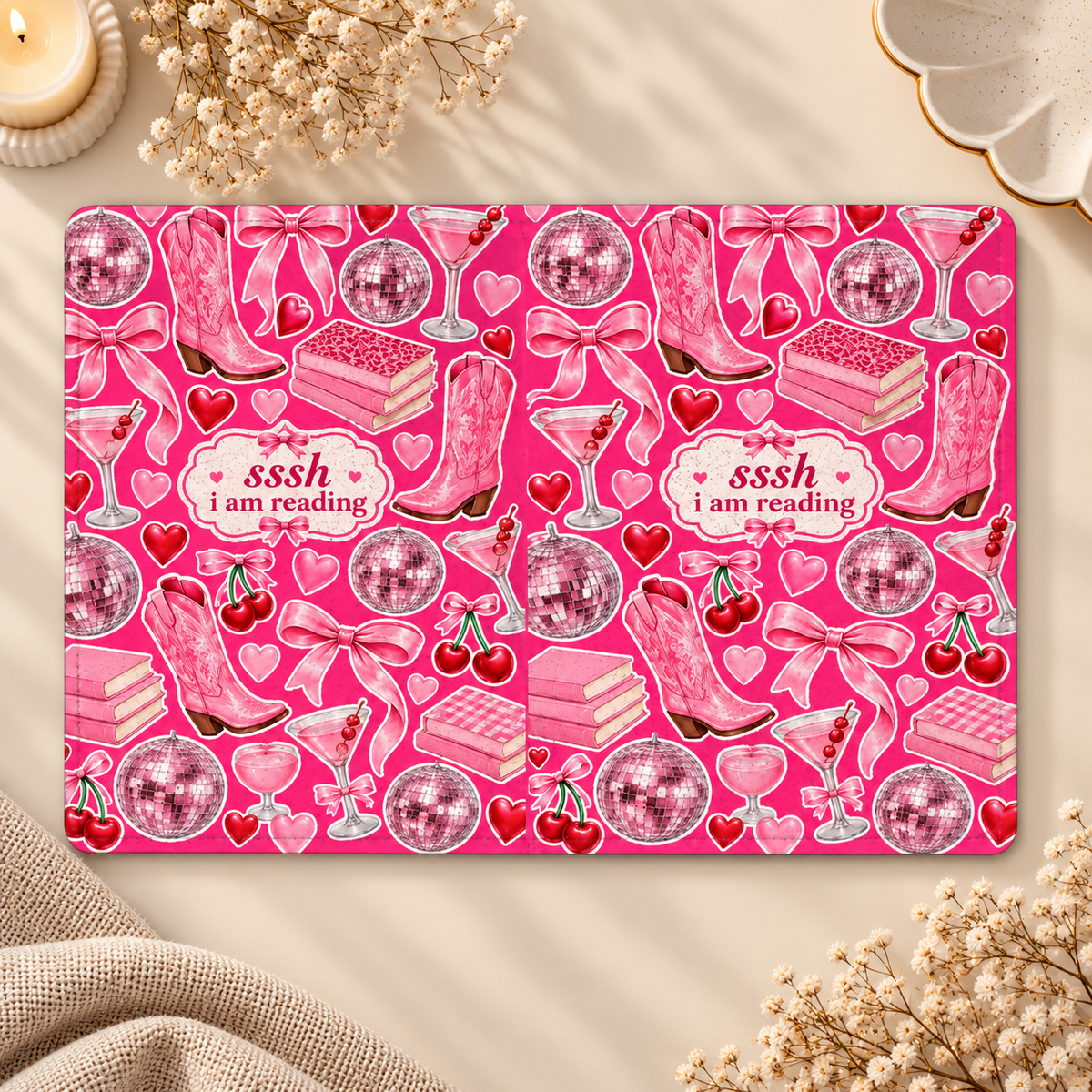 Sssh I Am Reading Kindle case opened flat, front and back — disco balls, pink cowboy boots, bows and books on hot pink
