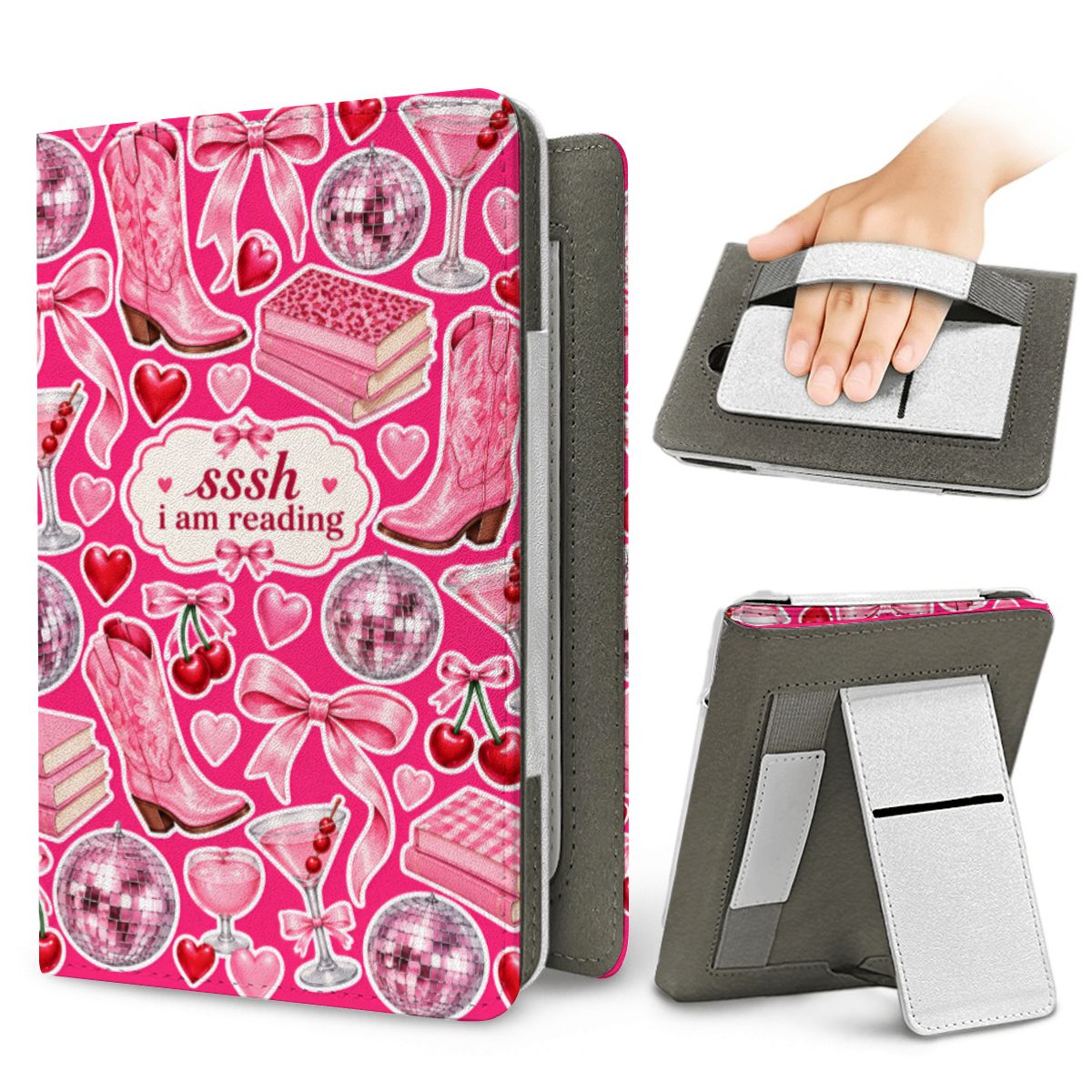 Sssh I Am Reading Kindle case — elastic hand strap and fold-out stand on the back