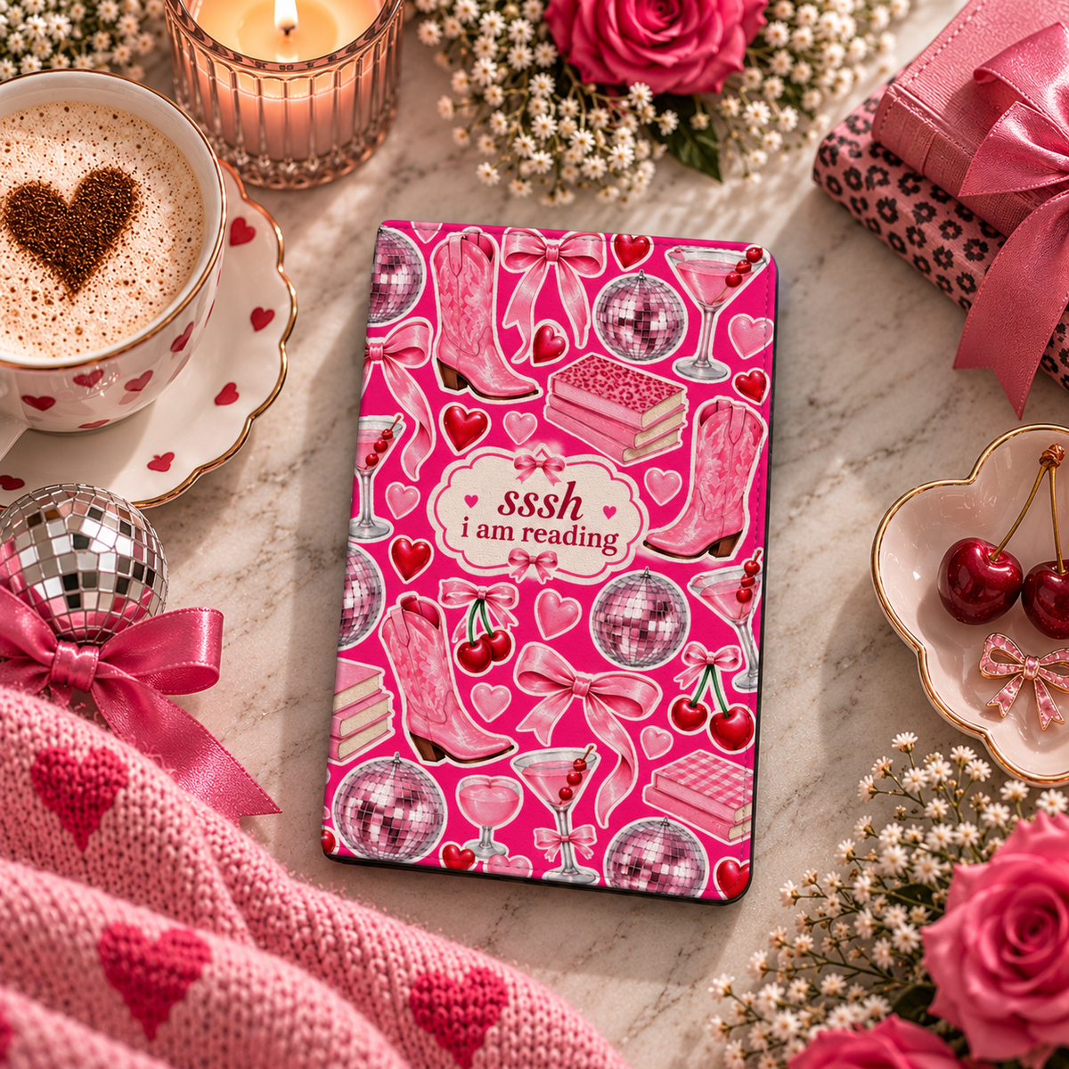 Sssh I Am Reading Kindle case — hot pink sticker collage, styled with a latte, disco ball, pink roses and a candle