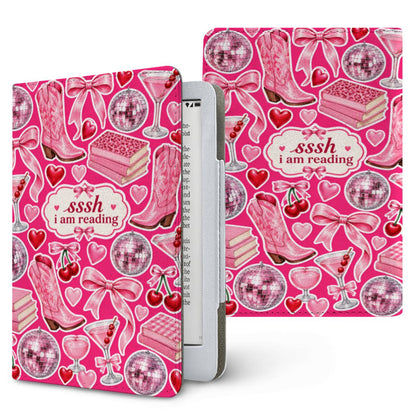 Sssh I Am Reading Kindle case — hot pink collage with disco balls, cowboy boots, bows and martinis, printed front and back