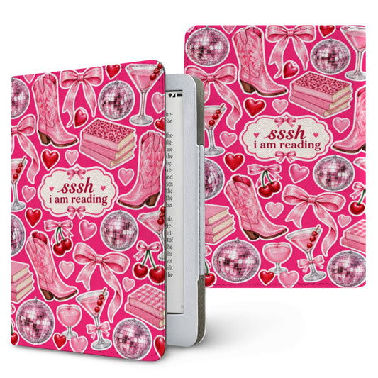 Sssh I Am Reading Kindle case — hot pink collage with disco balls, cowboy boots, bows and martinis, printed front and back