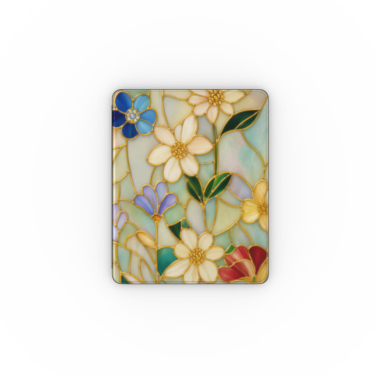 Stained glass floral iPad case open, showing the stand fold and interior
