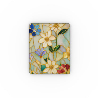 Stained glass floral iPad case open, showing the stand fold and interior