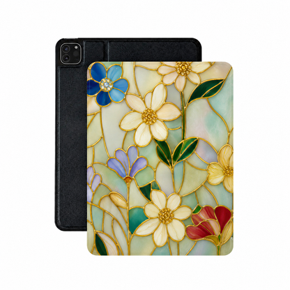 Stained glass floral iPad case in mint and gold vegan leather — Tiffany-style folio