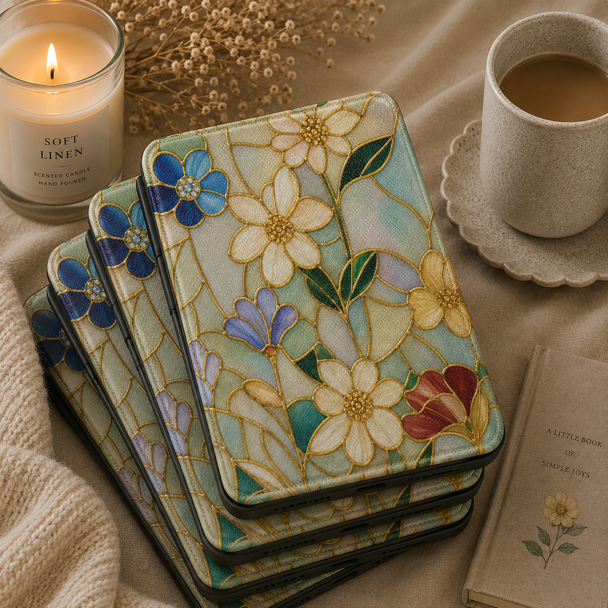 Stained Glass Floral Kindle case shown at an angle