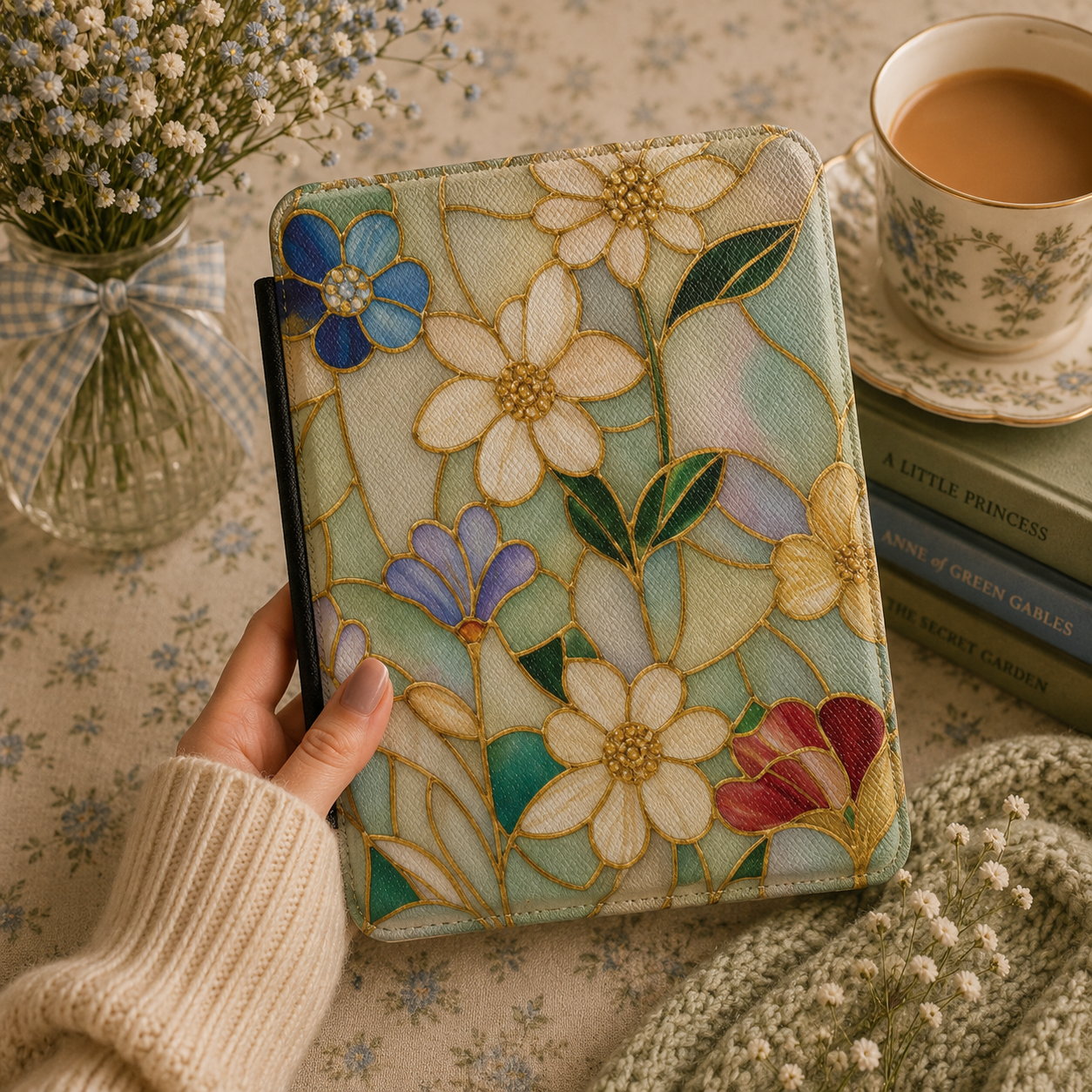 Close-up of Stained Glass Floral Saffiano Kindle case