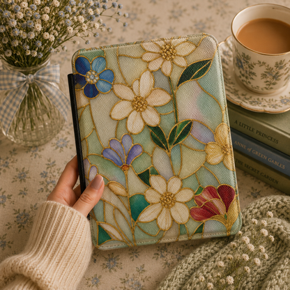 Close-up of Stained Glass Floral Saffiano Kindle case