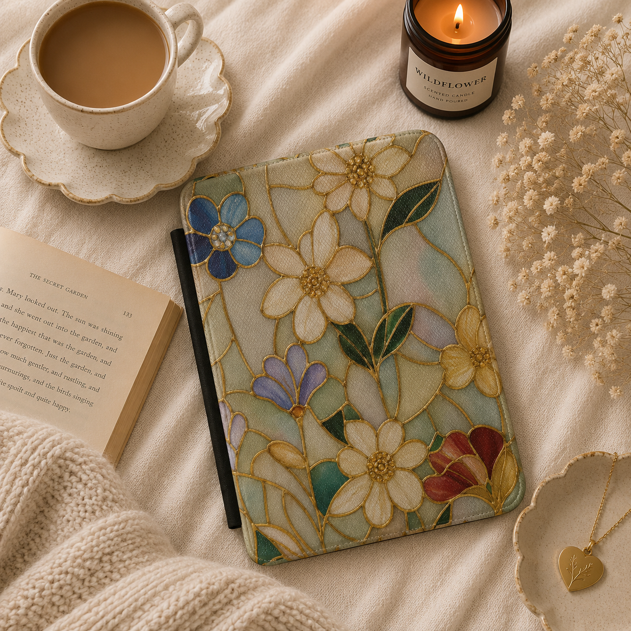 Stained Glass Floral Kindle case front cover — stained glass floral print