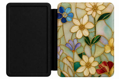 Stained Glass Floral Kindle case open showing e-ink Kindle on right interior panel