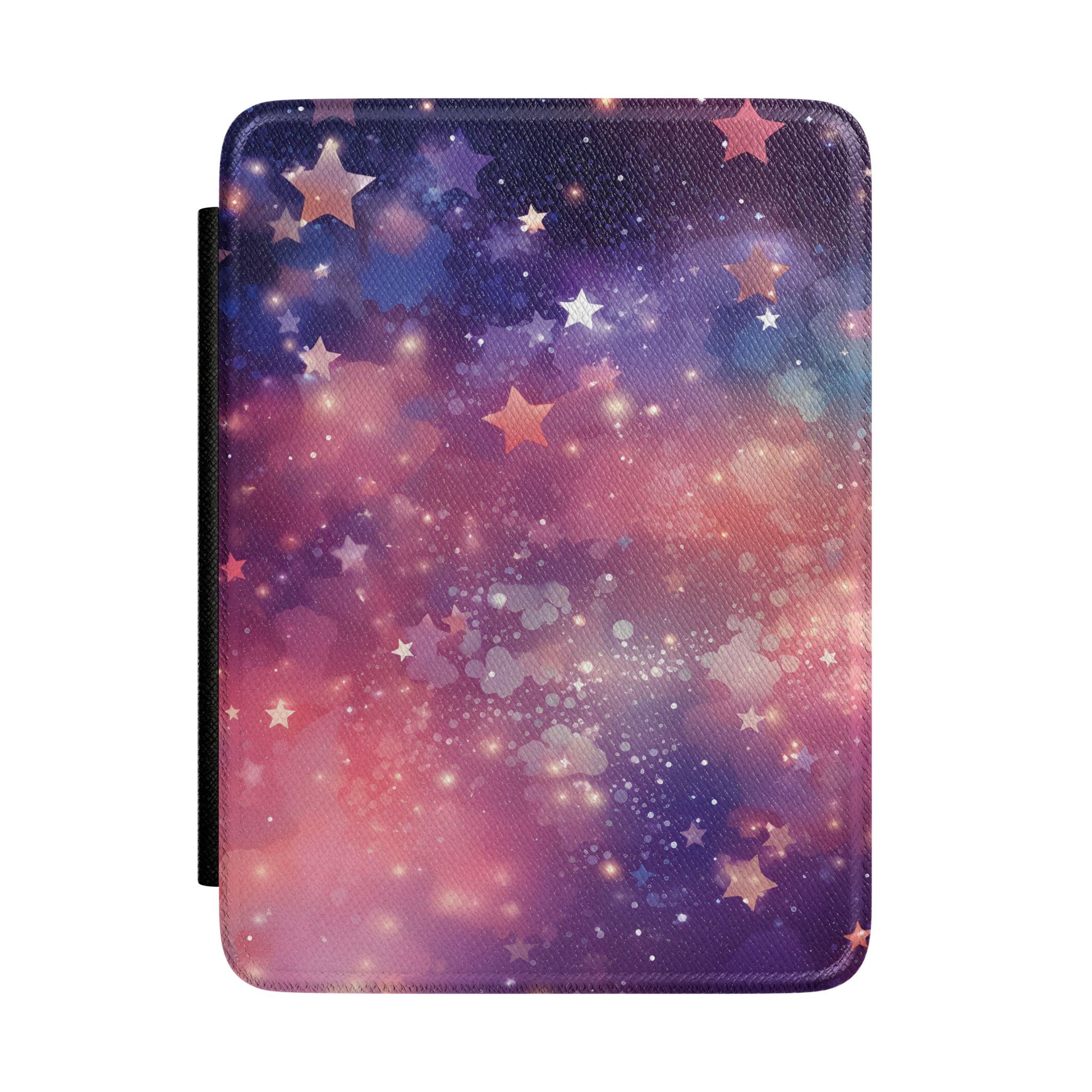 Pink and violet nebula Kindle Paperwhite case with cream and coral stars front cover — Dark Romantasy celestial gift