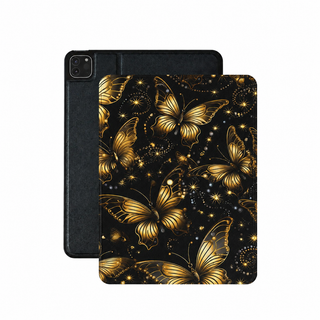 Gold butterfly and star iPad case in black vegan Saffiano leather — celestial folio