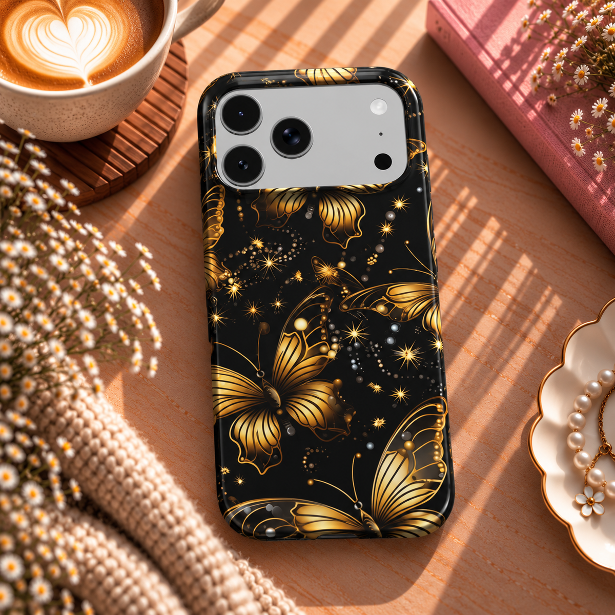 Starlit Gold Butterfly phone case – MagSafe iPhone case, lifestyle photo