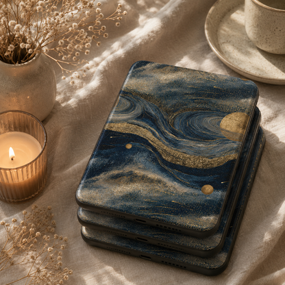 Starry night cosmos Kindle case shown at an angle