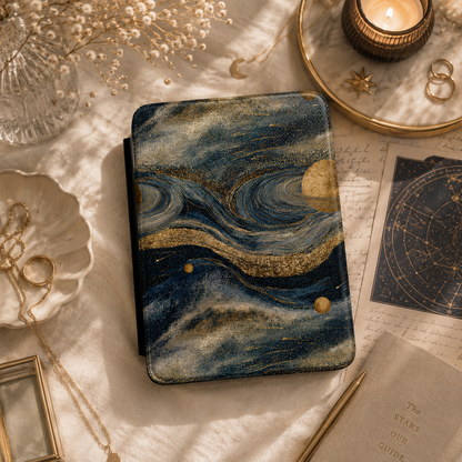 Starry night cosmos Kindle case open showing e-ink Kindle on right interior panel