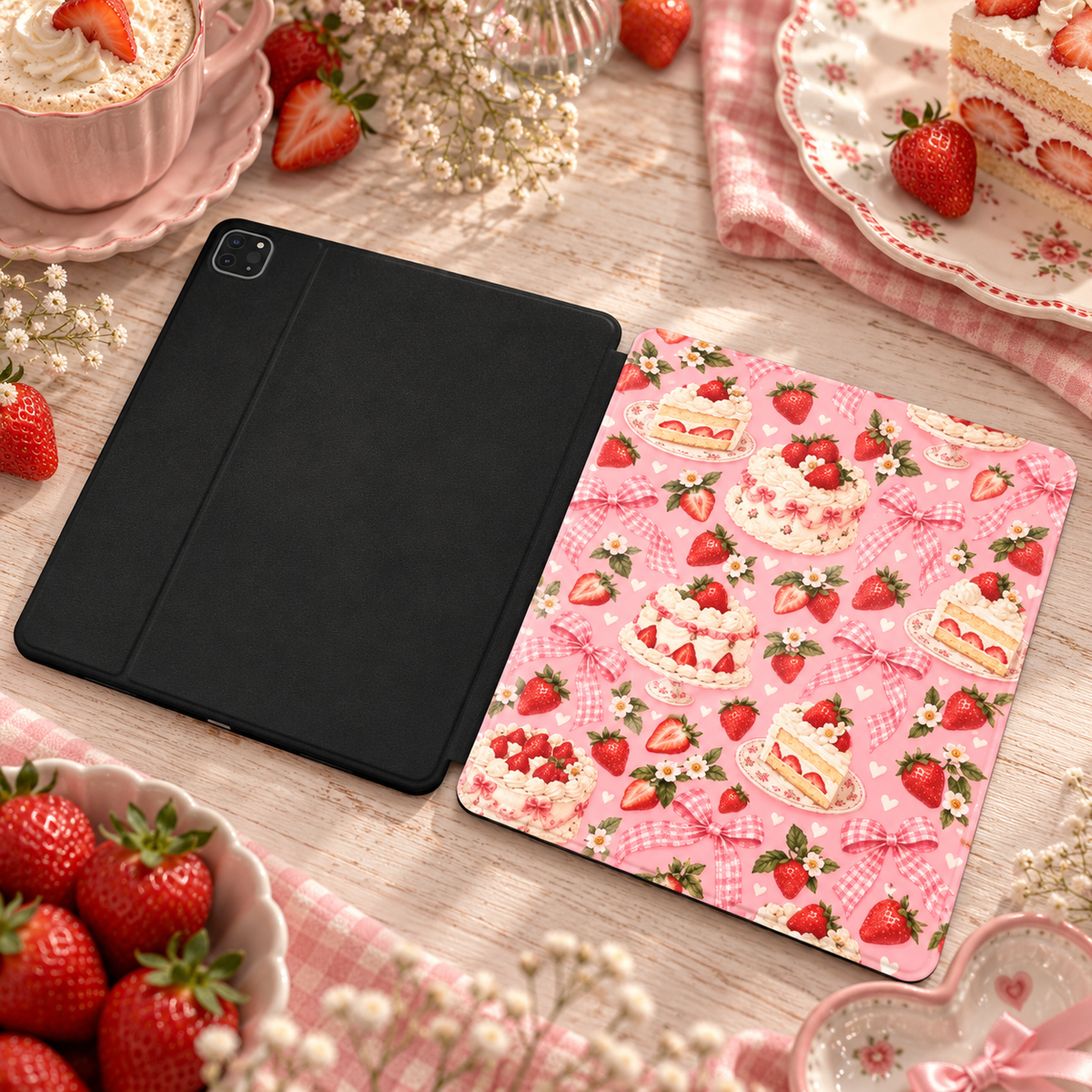 Strawberry Cake iPad case shown front and back — printed front cover, plain black back