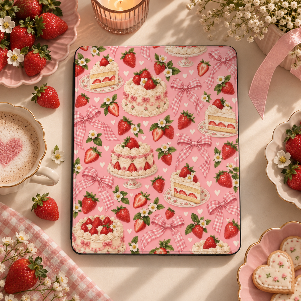 Strawberry Cake iPad case styled with fresh strawberries, a latte and heart cookies