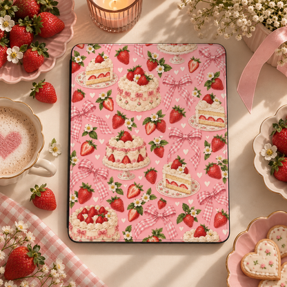 Strawberry Cake iPad case styled with fresh strawberries, a latte and heart cookies