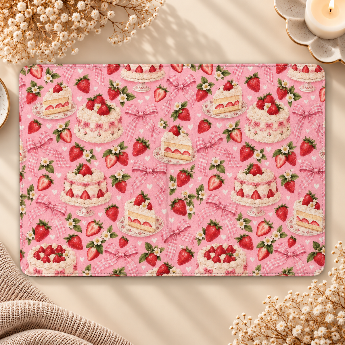 Strawberry Cake Kindle case opened flat, front and back — strawberry cakes, strawberries and gingham bows on pink
