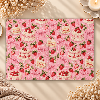 Strawberry Cake Kindle case opened flat, front and back — strawberry cakes, strawberries and gingham bows on pink