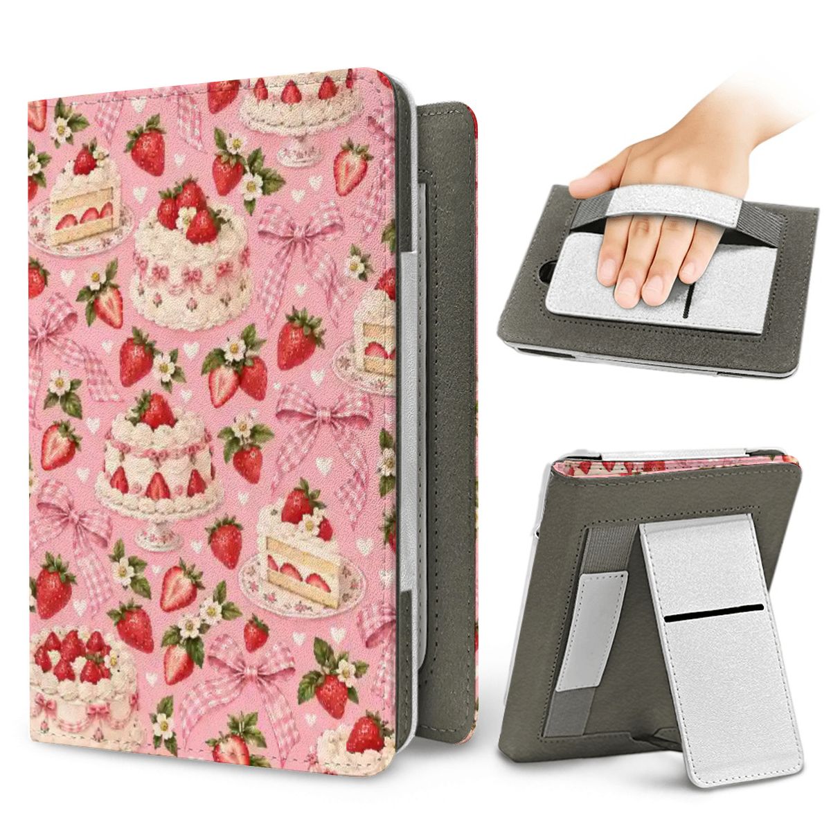 Strawberry Cake Kindle case — elastic hand strap and fold-out stand on the back