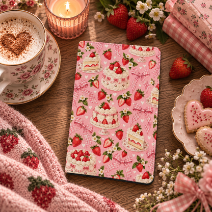 Strawberry Cake Kindle case — strawberry cakes and gingham bows on pink, styled with a latte, candle and strawberries
